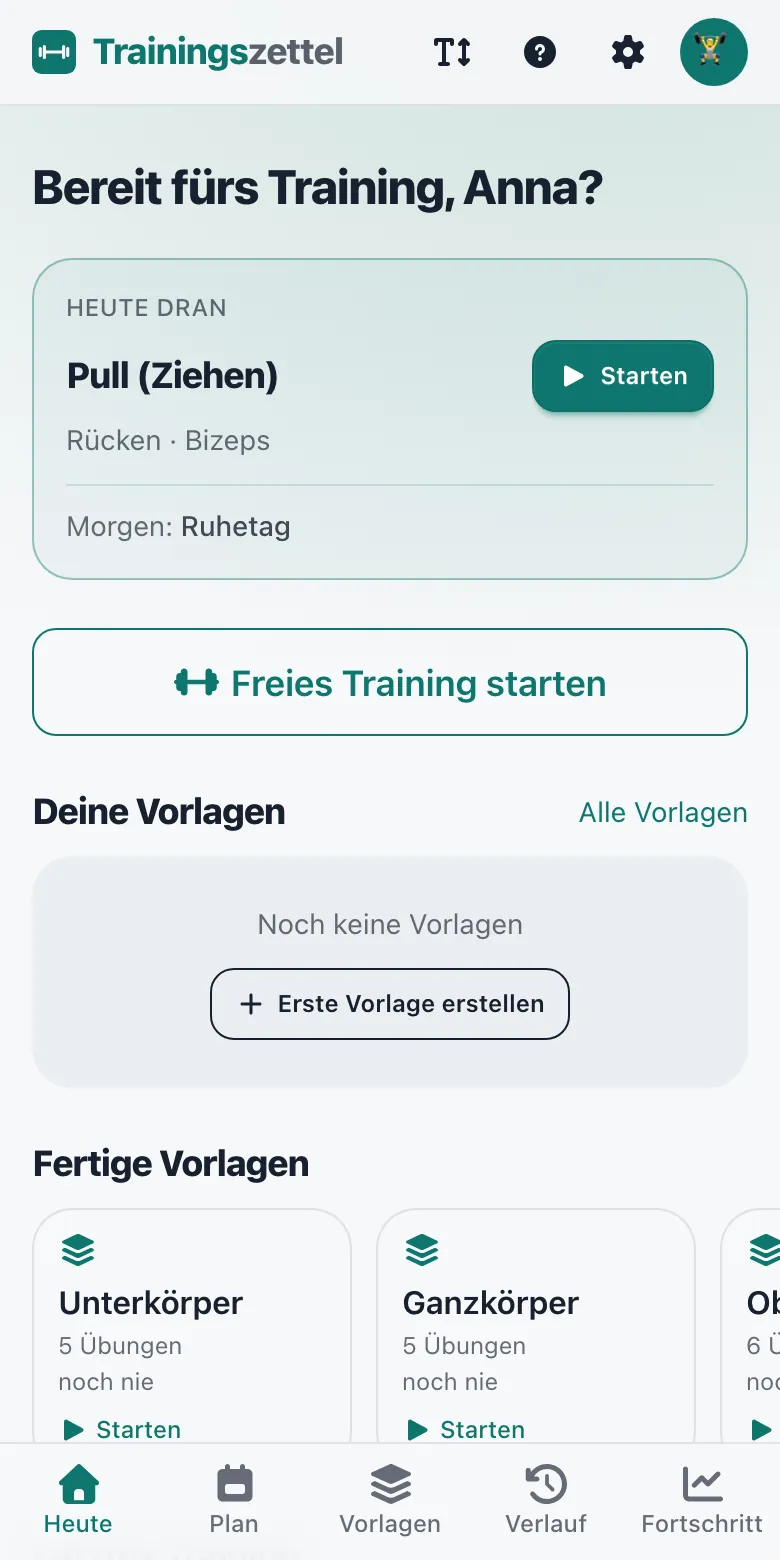 Heute-Bildschirm mit dem Training aus dem Wochenplan und den Vorlagen