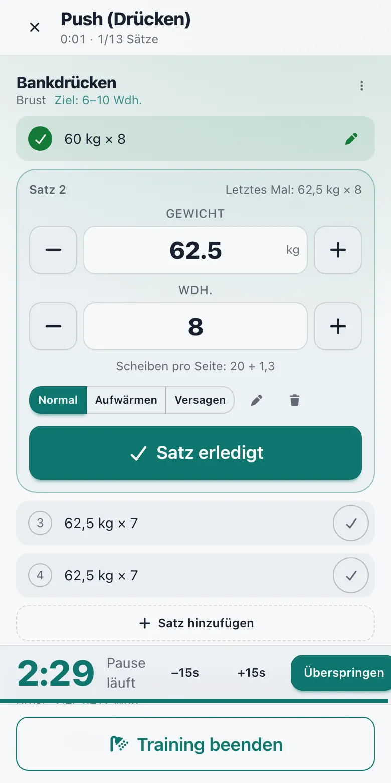 Training protokollieren – große Knöpfe für Gewicht und Wiederholungen