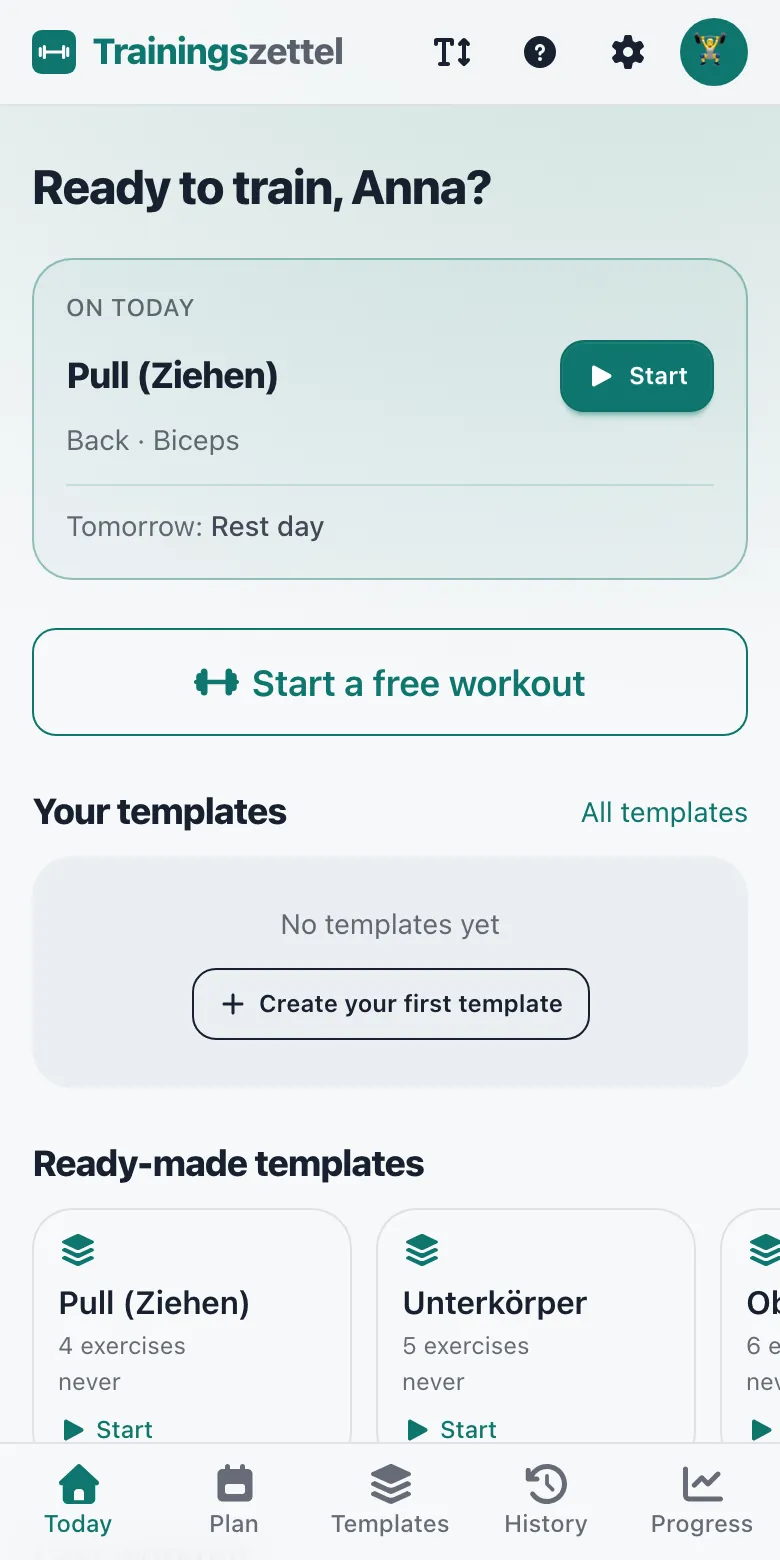 Today screen with the workout from the weekly plan and the templates